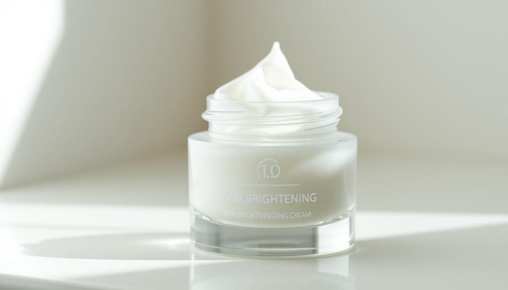 A close-up product shot of a translucent glass jar containing a pearlescent white skin brightening cream, with a natural light source illuminating the jar from the side, creating soft shadows and highlights that enhance the product's texture and transparency. The jar is positioned on a simple, minimalist backdrop, allowing the product to be the focal point. The overall composition and lighting convey a sense of purity, refinement, and efficacy associated with a high-quality skin care product.