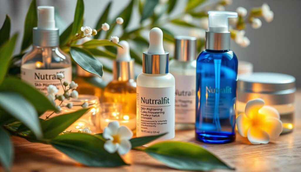 A serene close-up of an assortment of natural skincare products, including a bottle of Nutralfit skin-brightening cream, arranged on a softly-lit wooden surface. The products are surrounded by soothing green leaves and delicate floral accents, conveying a sense of nourishment and rejuvenation. The lighting is diffused and warm, creating a calming, spa-like atmosphere. The focus is sharp on the Nutralfit bottle, highlighting its sleek design and premium packaging. The overall composition emphasizes the natural, gentle approach of the Nutralfit treatment for dark spots.
