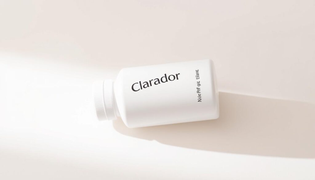 A visually striking, well-lit product shot of a white, matte-finish bottle labeled "Clareador Nutralfit" resting on a soft, off-white background. The bottle has a simple, minimalist design with the brand name and product type clearly displayed. The lighting is diffused and even, accentuating the clean, modern aesthetic. The composition places the bottle centrally, allowing it to be the focal point, with just enough negative space around it to create a sense of balance and elegance. The overall mood is one of purity, refinement, and natural efficacy, visually conveying the essence of the "Clareador Nutralfit" product.